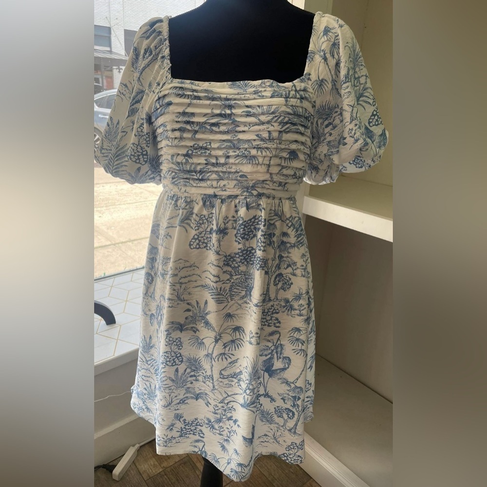 Blue & White Puff-Sleeve Mini Dress